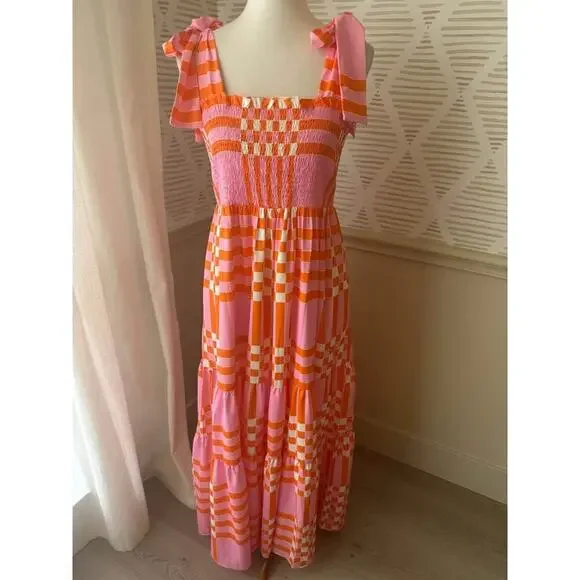 Boutique Women’s Large Pink Orange Gingham Smocked Shoulder Tie Maxi Dress NWT - Picture 3 of 7